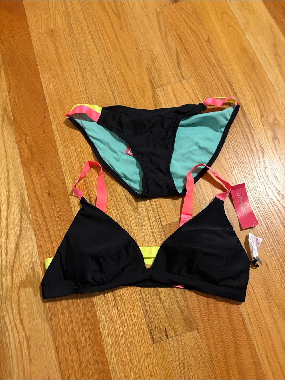 Women's Black Triangle Bikini Set with Neon Pink & Yellow Accents